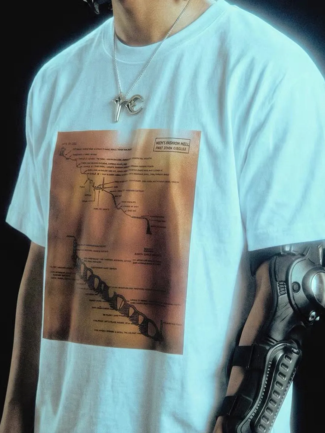 New THUG CLUB Loose-Fit Casual Short-Sleeve T shirt Top tees Lightning Print Metal Moon & Star Pattern Splicing Men Top
