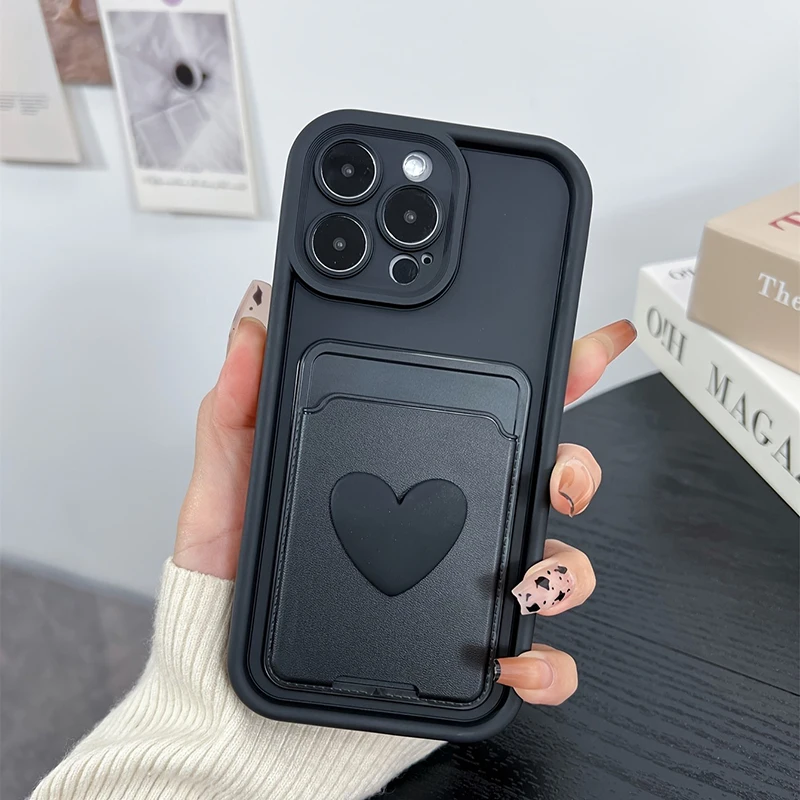 3d amor coração cartão saco slot titular bolso caso para iphone 16 15 14 13 12 11 17 pro max xs x 7 8 plus capa de silicone à prova de choque