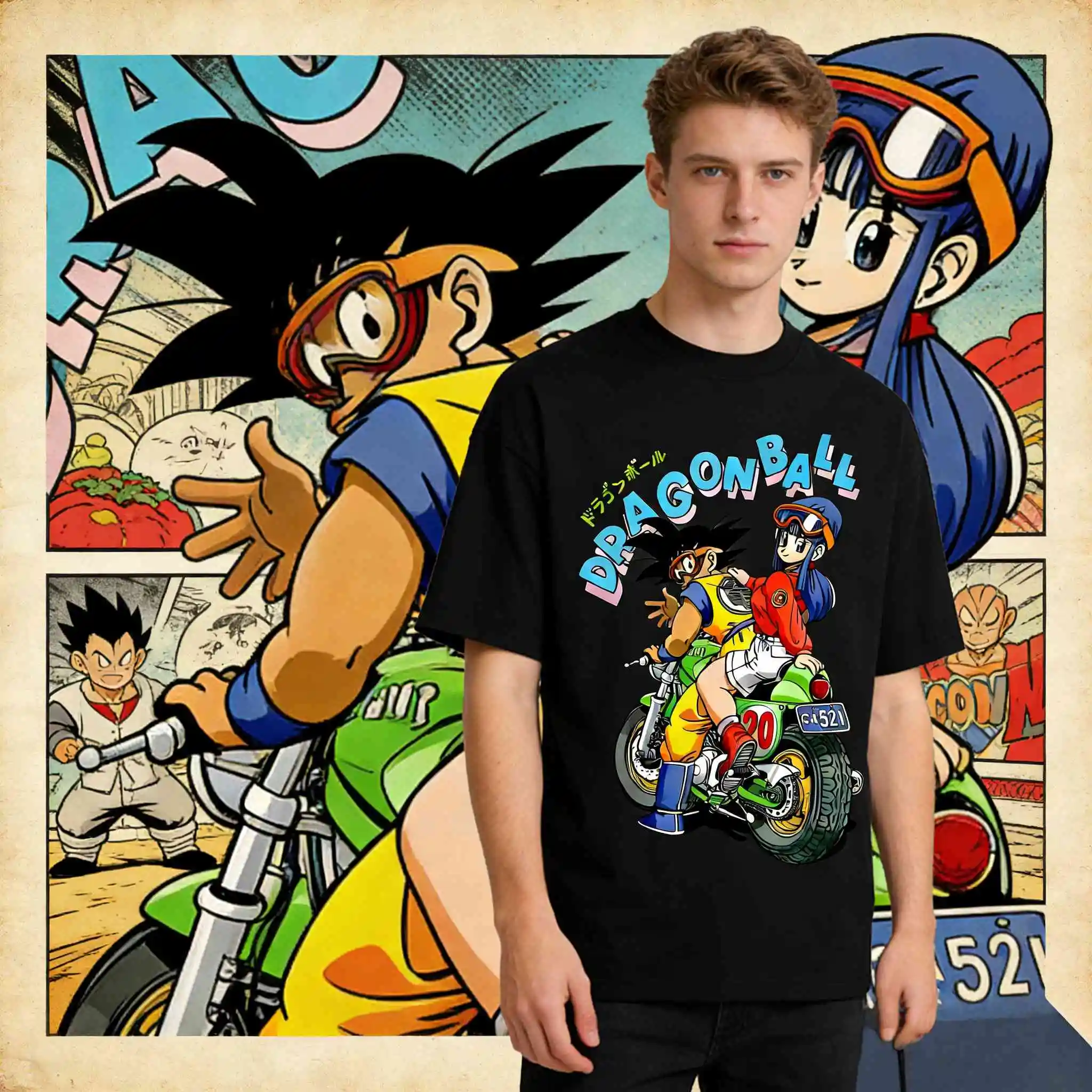 

2026 Summer Dragon Ball Retro Anime Goku & Bulma Men's Cotton T-shirt Casual Loose Sports Daily Version Motorcycle Graphic Tee