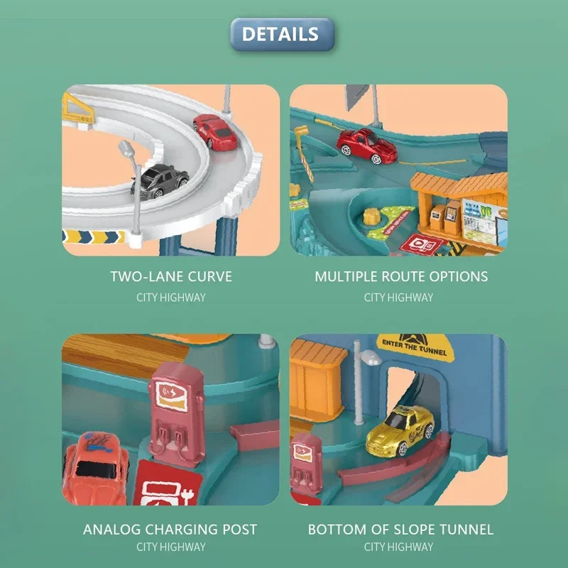 Elektryczna tor wyścigowa dla dzieci, parking wyścigowy, tor wyścigowy na szynach, mini samochody, metalowy garaż, prezenty świąteczne, urodzinowe, zabawka edukacyjna dla dzieci.