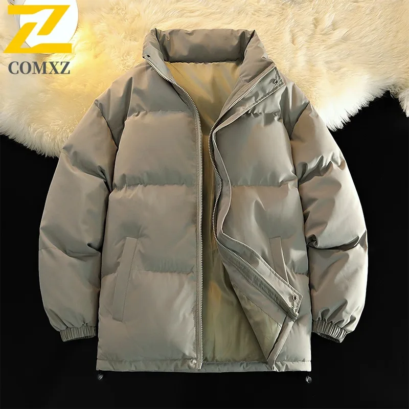 COMXZ 2025 Mens M8-XL Thickened Fleece Stand Collar Puffer Jacket Winter American Style Solid Color Casual Outdoor Sports Coat