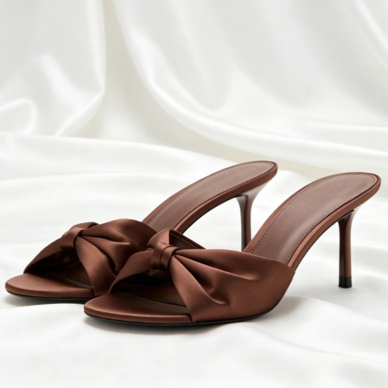 

Satin Round Toe Mules Heeled Slippers Women Unique Slides Luxury Stiletto Heel Party Dress Shoes Summer 2026 Women Sandals