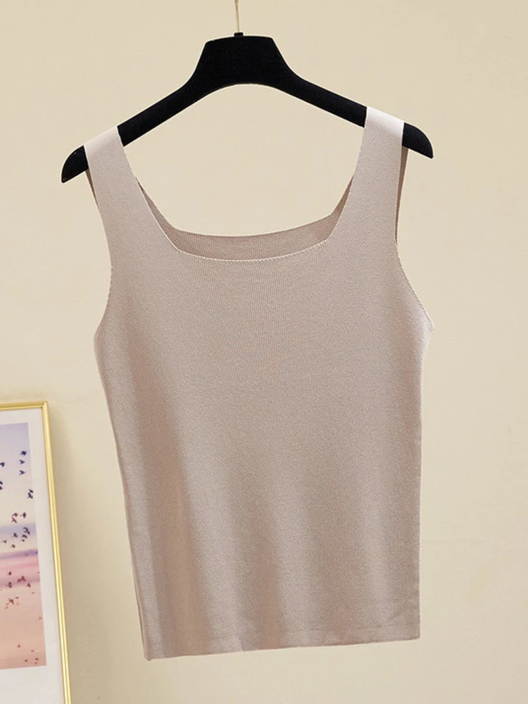 Summer Off Shoulder Tank Tops Women Fitness Short Camis Vest Female Knitted Sexy Square Collar Solid Crop Tops