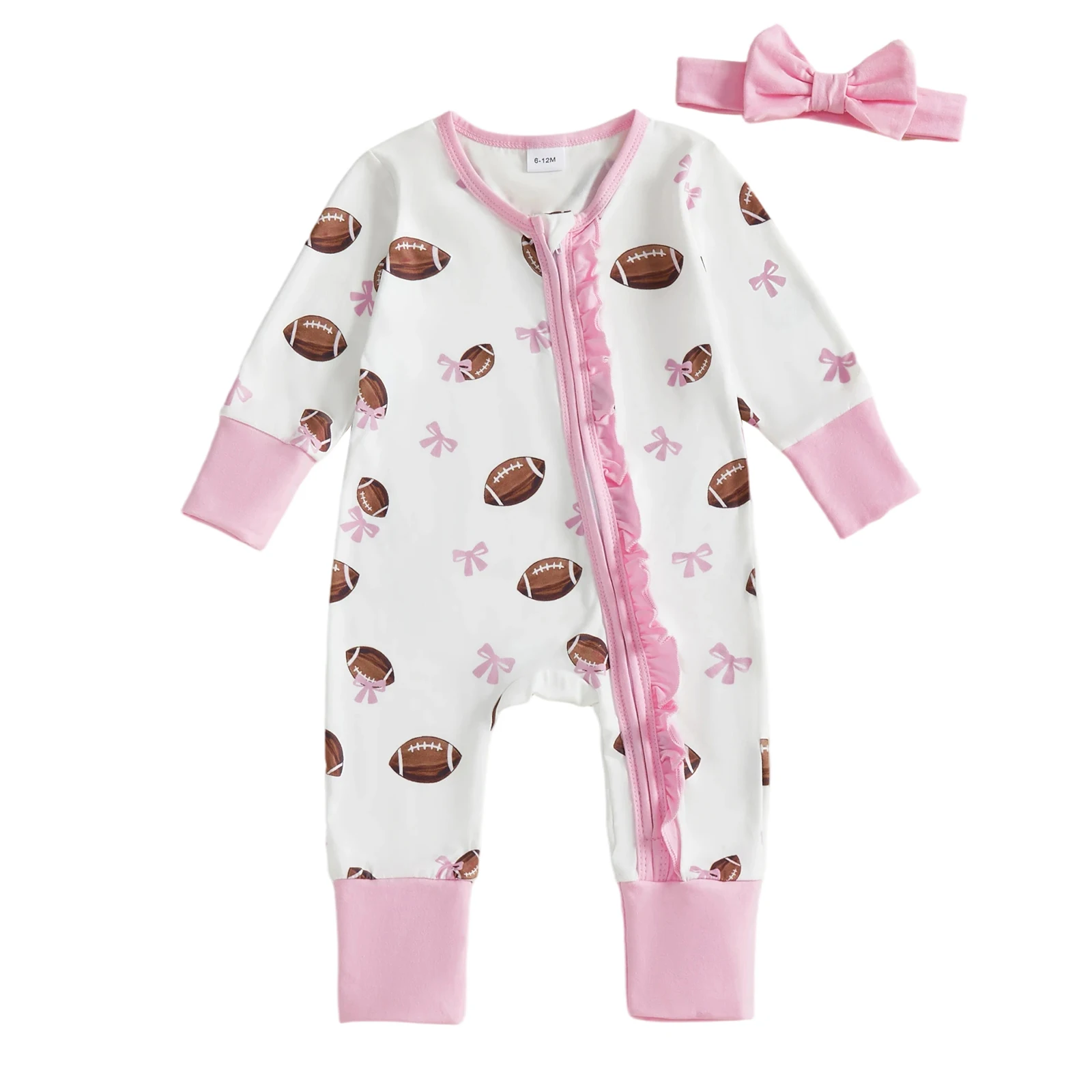 

Baby Girl 2 Piece Outfit Football Bow Long Sleeve Zip-up Romper with Bow Headband Cute Newborn Girl Set