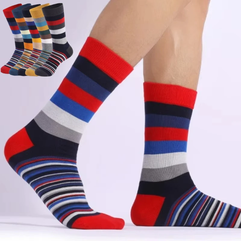 1/5/10 Pairs Spring Autumn New Large Classic Color Middle Tube Men's Socks Thick and Stripe Small and Unique Men's Long Socks
