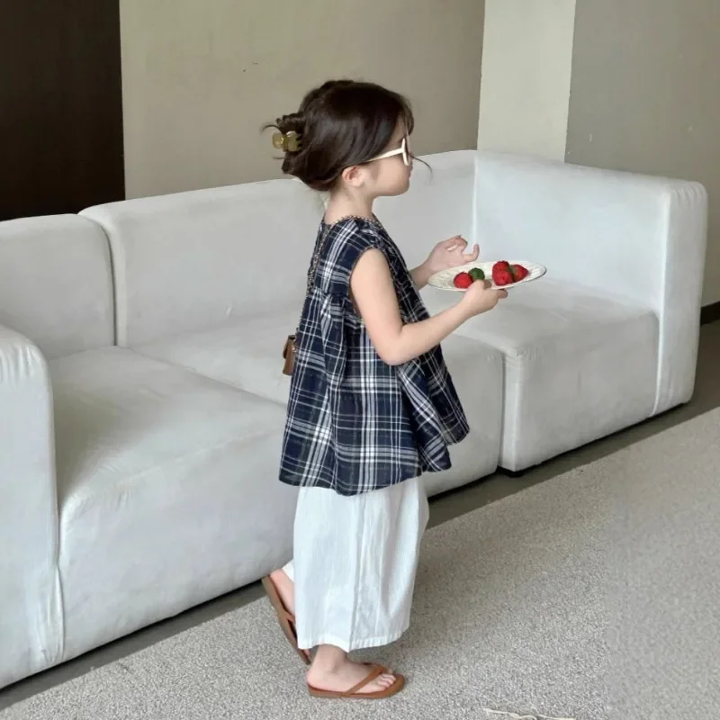 

2025 Children's Clothing Japanese Retro Checkered Round Neck Shirt Girls' Summer New Loose Sleeveless Casual Doll Top