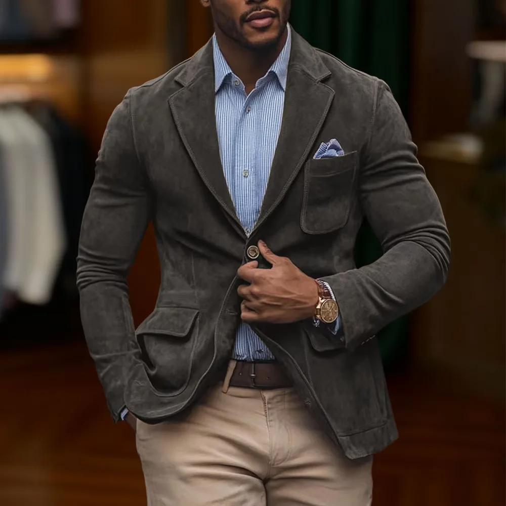 Men's Suede Brown Blazer Vintage Slim Fit Notched Lapel Formal Jacket High Quality Flap Pocket Sport Coat For Business Casual 9