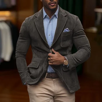 Men's Suede Brown Blazer Vintage Slim Fit Notched Lapel Formal Jacket High Quality Flap Pocket Sport Coat For Business Casual 9