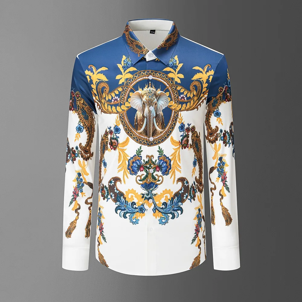 Palace Style Retro Rhinestone Shirt for Men Long Sleeve Slim Fit Casual Shirts Social Party Tuxedo Streetwear Shirt Men Clothing