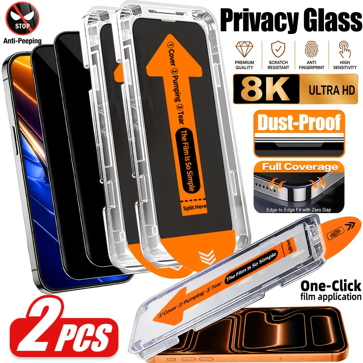 2pcs 9H Anti-Spy Privacy Tempered Glass for Iphone 18 Pro Max/17 Pro Max/16/15/14/13/12/11 - Auto Alignment Installation Frame