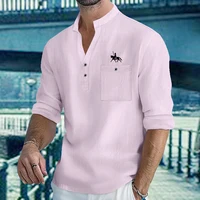 Camisas ligeras para hombre, camisas de lino y algodón Henley de manga larga para playa masculina, Top hawaiano con cuello en V, Polos transpirables