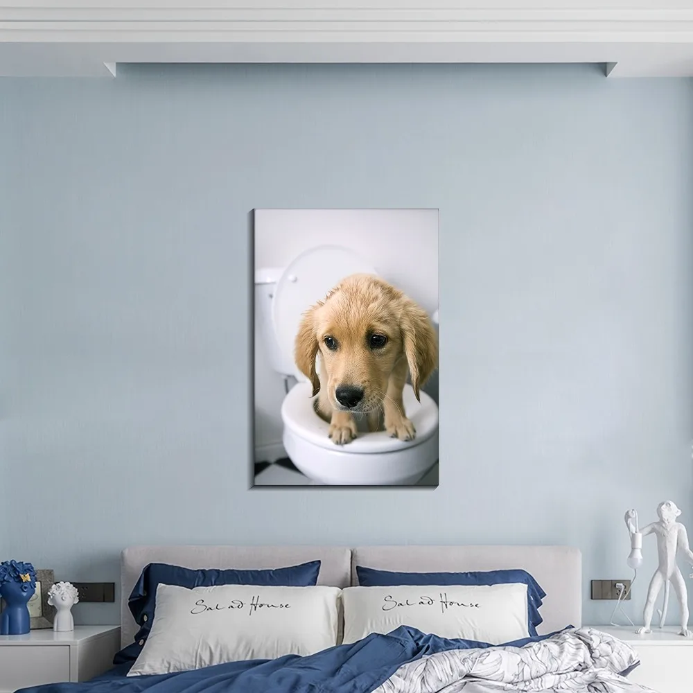 

1.5 "Solid wood frame canvas wall painting - Golden Retriever playing toilet pet portrait, modern decor style