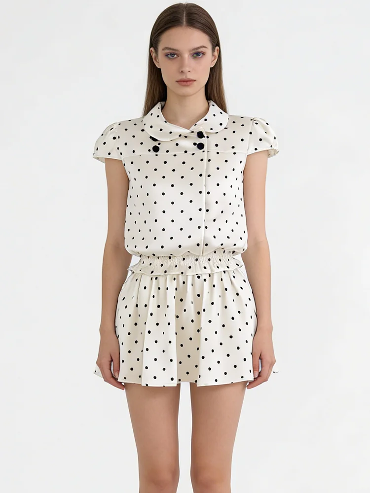 

Nova Women White Polka Dot 2 Piece Outfit, Peter Pan Collar Top + Elastic Waist Shorts Set