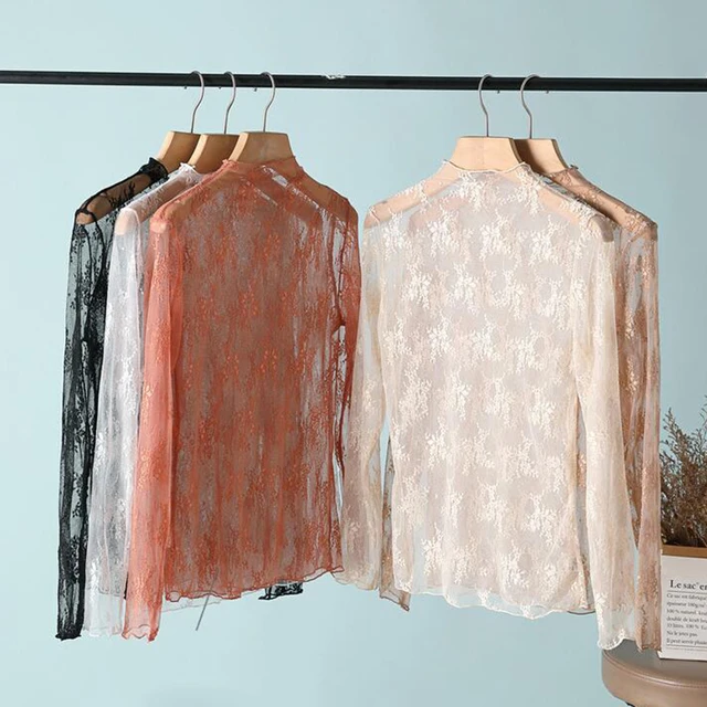 Seksowne damskie koszulki z siatki Przezroczysta koronkowa bluzka z długim rękawem Przezroczyste topy dla kobiet O Neck Sheer Tees Body Crop Top