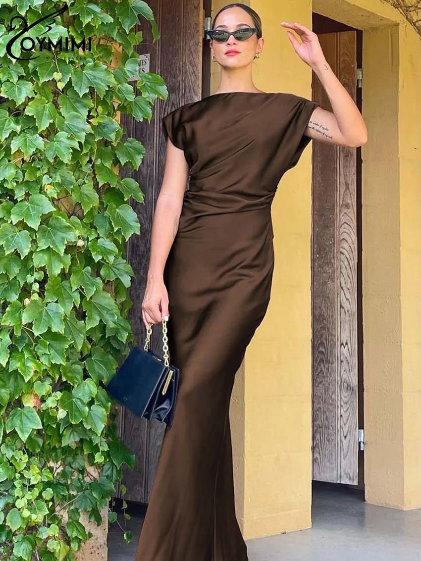 Oymimi Elegant Brown O-Neck Womens Dresses Fashion Short Sleeve Slim Solid Dresses Casual Slim Floor-Length Dress Streetwear