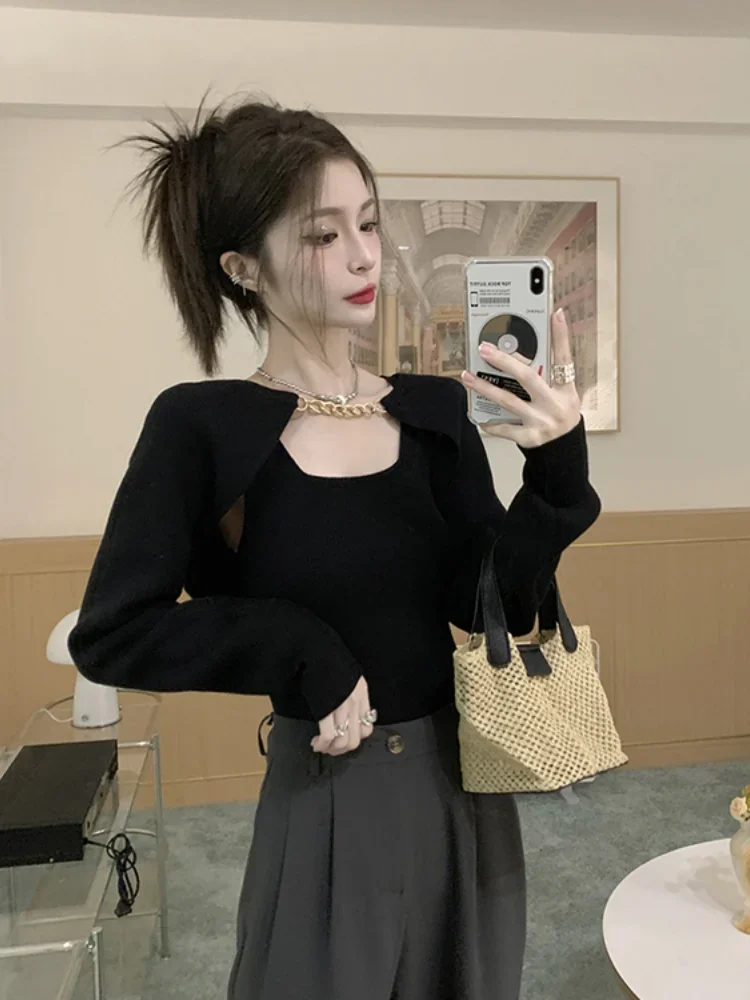 Women Sets Long Sleeve Cardigan Cropped Tank Tops Knitted Sexy All-match Summer Slim Korean Style Fashion Tender Temper Youthful