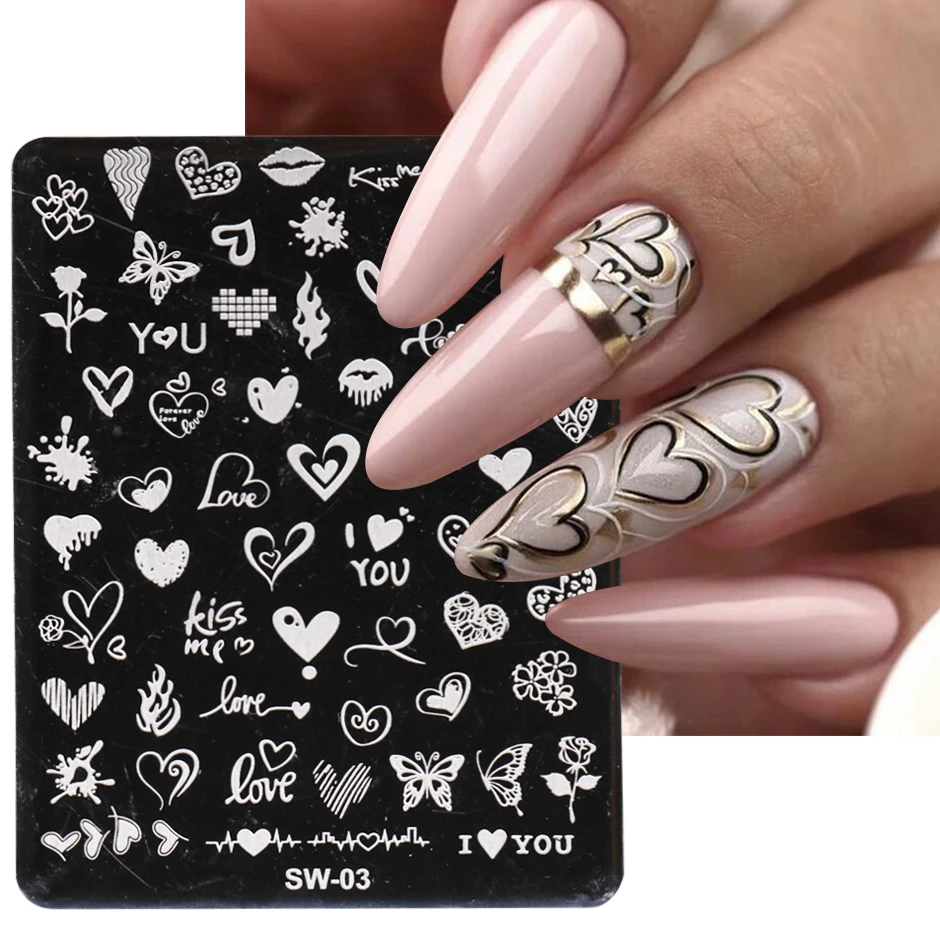 Love Heart Stamping Plates Valentines Nails Template Image Romantic Flower Line Letter Printing Stencils Nail Accessories SASW