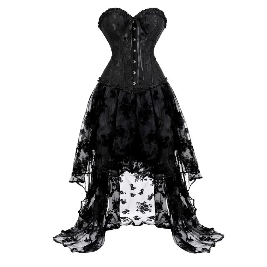 

Gothic Vintag Floral Corset Dress Women Burlesque Sexy Satin Overbust Lingerie Plus Size Bustier Top Irregular Long Skirt Set