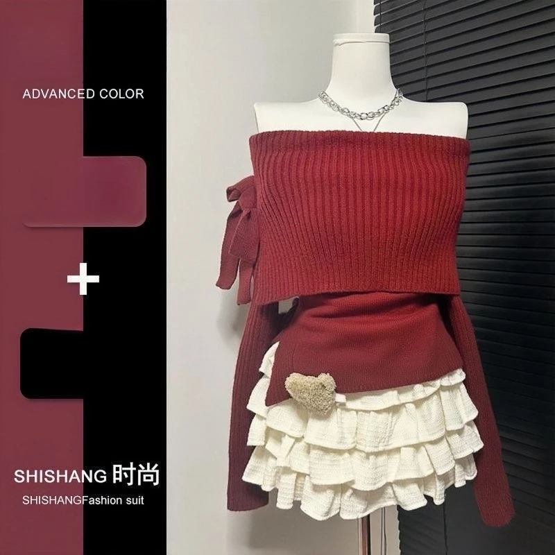 Fashion Suit Female Melard Autumn and Winter New Spice Girls Off-shoulder Slimming Bow Sweater Cake Dress Two-piece Personality