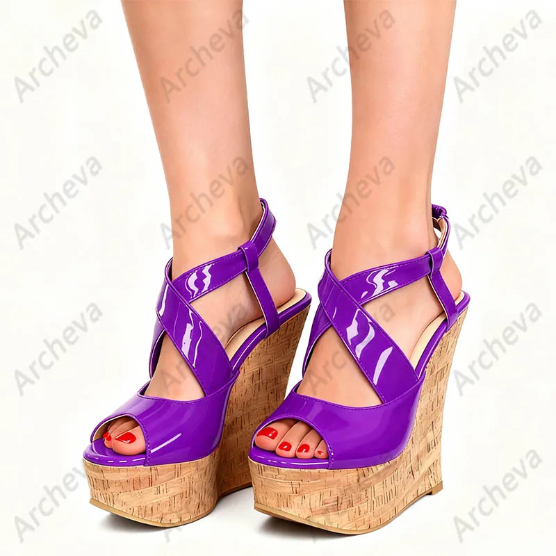 صنادل بكعب عريض مصنوعة يدويًا باللون البرتقالي - أحذية صيفية بكعب من الفلين بأشرطة للسيدات مقاس كبير 5-20