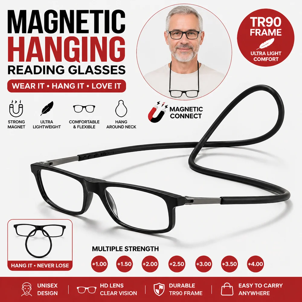 Nouvelles lunettes de presbytie pliables à suspendre au cou, en résine HD, à aimant magique, à la mode