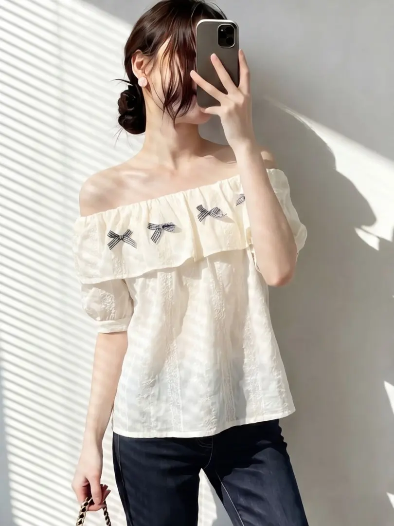 

Summer Women's Pure Desire One-Shoulder Bubble Sleeve Shirt Knot Doll Shirt Loose Top Korean Style Commute Wind