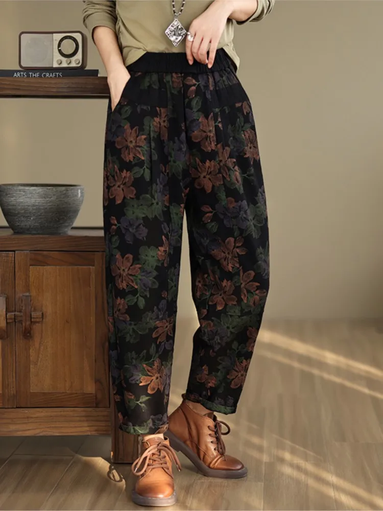 Oversized Jeans Herfst Lange Broek Vrouwen Bloem Bloemen Mode Elastische Hoge Taille Dames Broek Losse Vrouw Harembroek