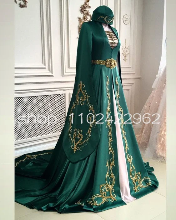 Emerald Green Muslim Caftan Prom Dresses fo Women Luxury Embroidery Long Sleeve Cape Circassian Marocaine Evening Formal Gowns