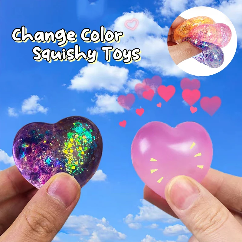 1Pc Changing Color Heart Squeeze Toy Sequins Love Fidget Toy Pinch Kneading Toy Stress Reliever Toy Kid Party Favor