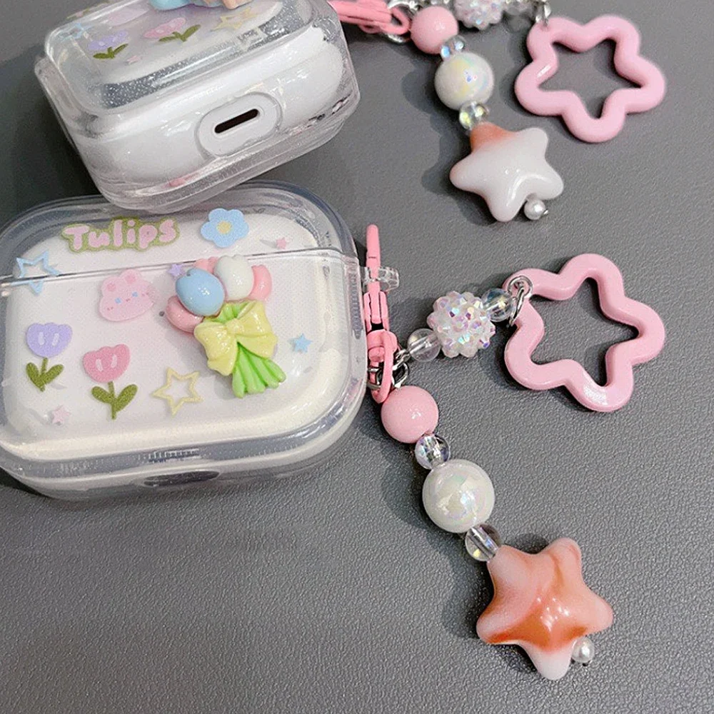 Gradient Color Star Beaded Keychain Imitation Pearl Acrylic Hollow Pentagram Keyring Girls Earphone Case Phone Decor Ornaments image 4