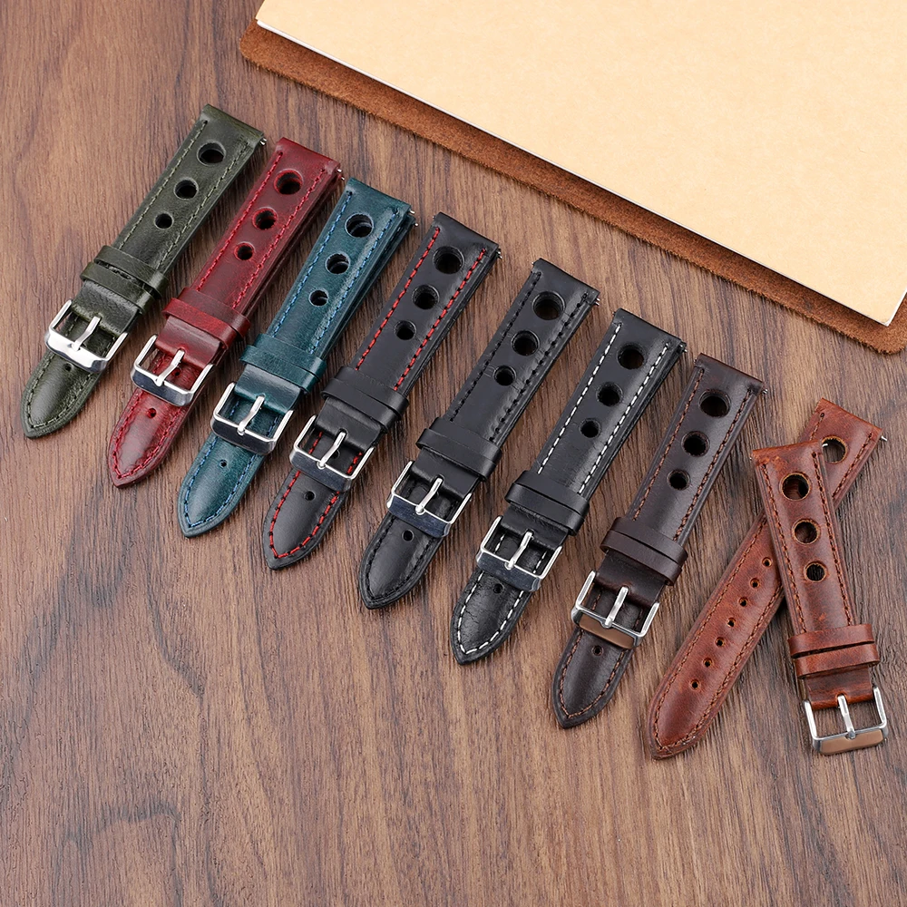 

Leather Watchband Breathable Crazy Horse Oil Wax Watch Strap 18mm 20mm 21mm 22mm Quick Release Wristband Pin Buckle Band