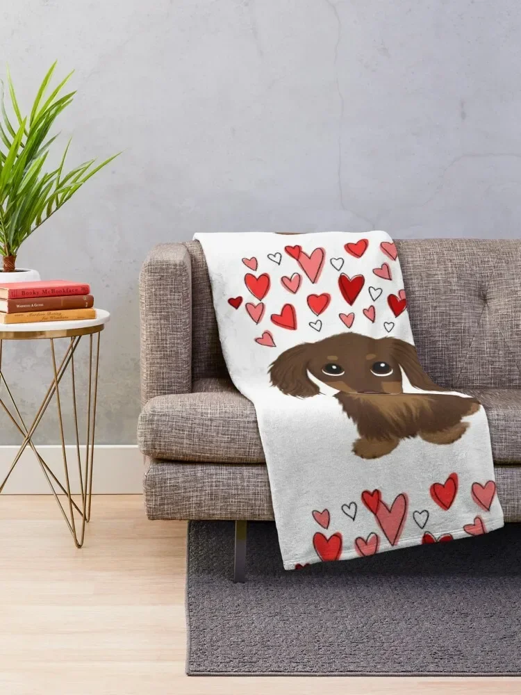 Hearts Dog Longhaired Chocolate Dachshund Cartoon Dog with Valentine Hearts Throw Blanket Quilt blankets and throws Blankets