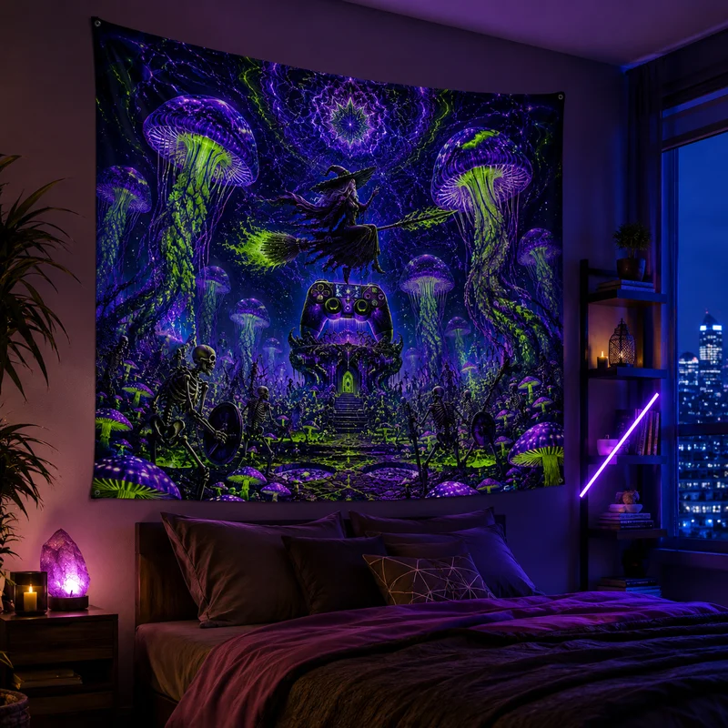 VIKAMA Purple Blue Cyber Neon Earphones Skull Tapestry Shattered Crack Eye Bone Galactic Pixel Nebula Room Decoration