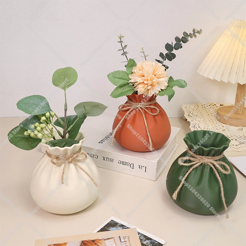 Modern Drawstring Vase - Plastic Flower Pot with Jute Rope, Boho Decor for Home Office