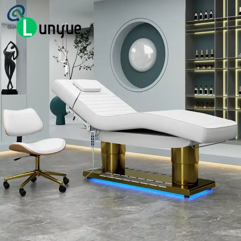 Custom Adjustable Gold Stainless Steel Facial Care Bed 4 Motor Electric Massage Bed for Spa Beauty Treatment Furniture