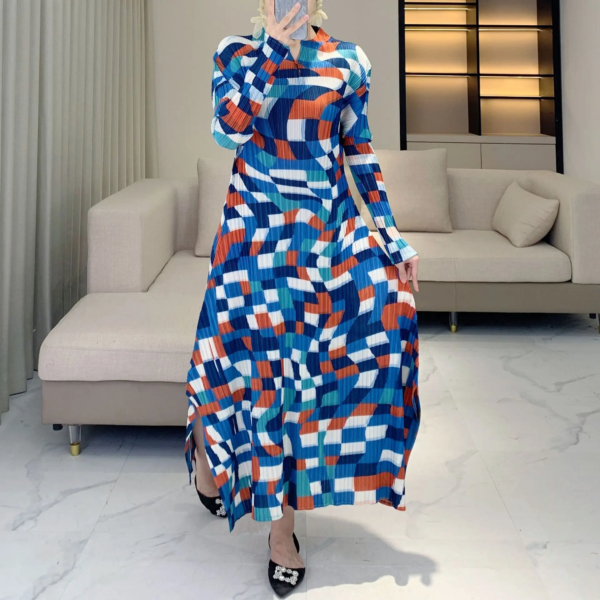 

Miyake Pleated Spring/Autumn New Style Long Dress, Pleated Loose Fashionable A-line Skirt, Long-sleeved Casual Printed Dress