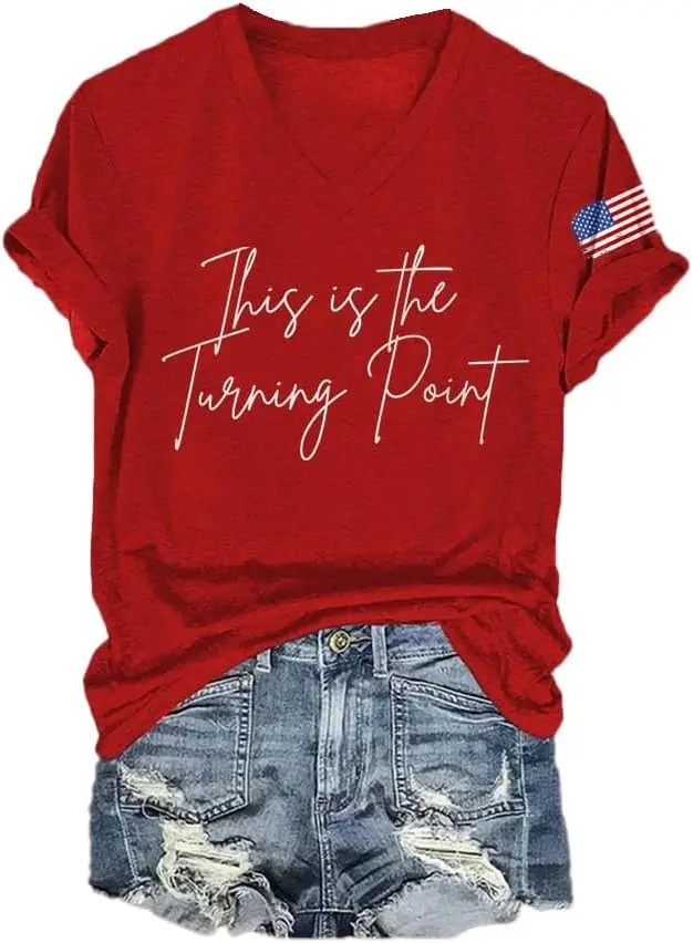 V ネック レトロ これは転換点です プリント T シャツ レディース Turning Point USA フリーダム アメリカ フラッグ シャツ
