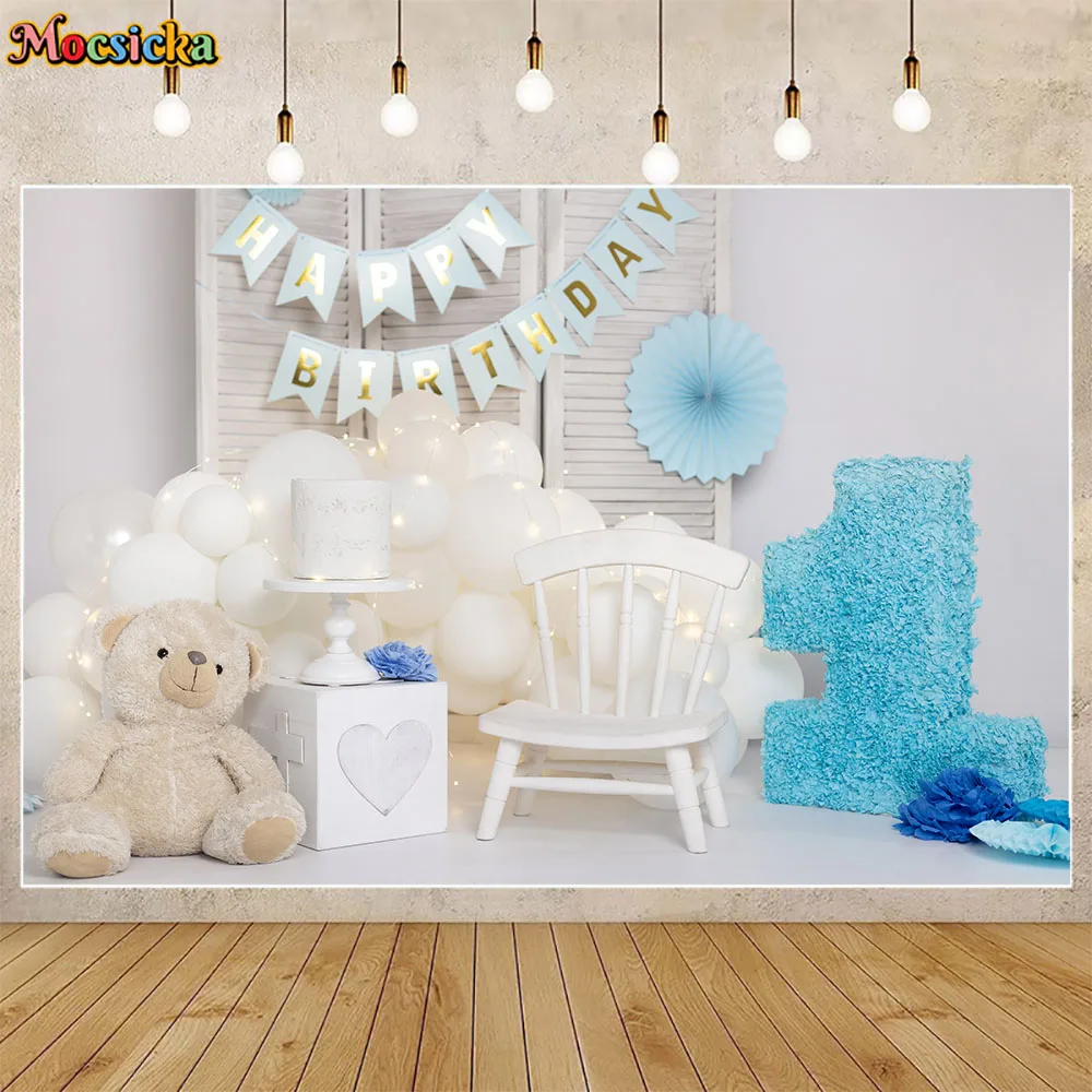 

Mocsicka Backdrop for Photography Boy 1st Birthday Cake Smash Party Decor Teddy Bear White Floor Baby Photo Background Photocall