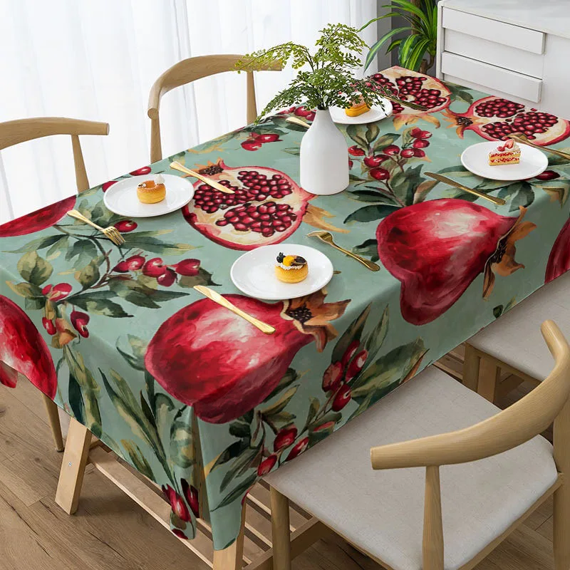 1pc 2D Flat Printed Tablecloth Pomegranate Fruit Pattern Vintage Watercolor Style Red And Green Color Scheme Pastoral Style Rest
