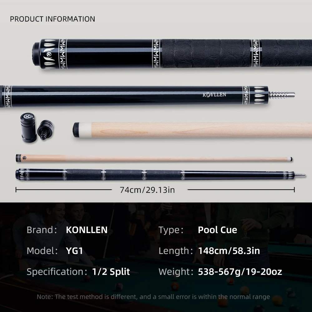KONLLEN Pool Cue Stick with Maple Shaft, 58-inch Professional Billiard Stick, 12mm Tip Replacement Accessory for Billiard Game