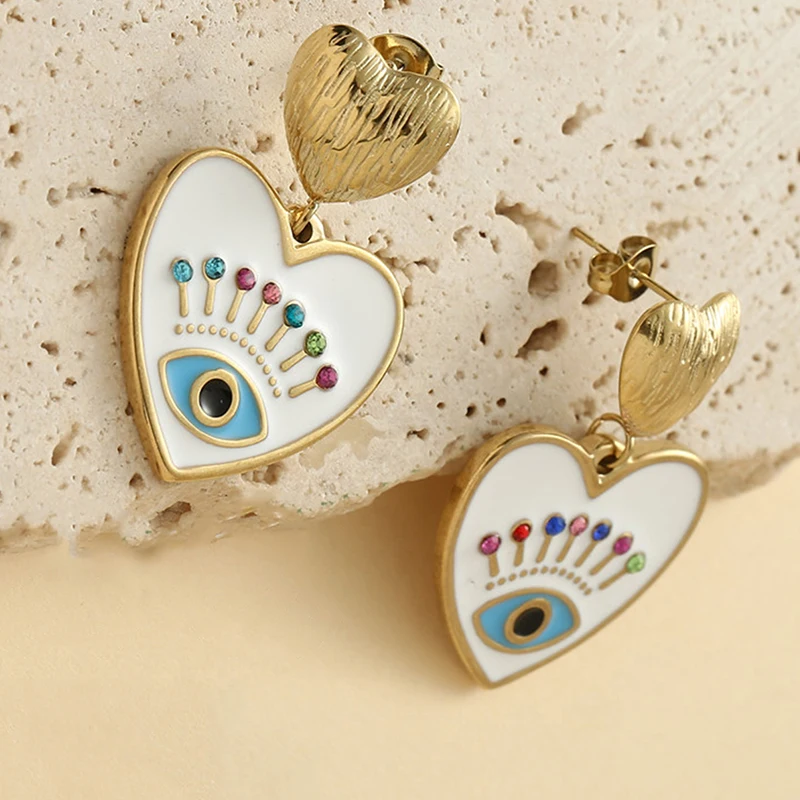 Trendy Enamel Evil Blue Eye Earrings For Momen Stainless Steel Charm Drop Earring Golden 14K Plated Party Wedding Jewelry Gift