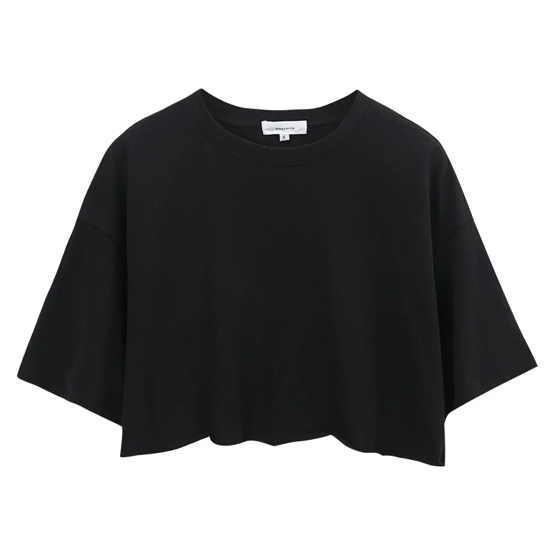 European and American sexy hot girl short sleeved T-shirt 2024 summer solid color short cut crop neck sports top