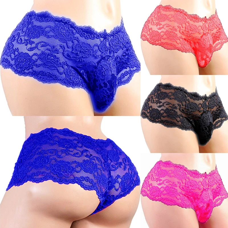 1pc Men's Lace Sexy Sissy Briefs Breathable Plus Size Underwear Erotic Hollowed Mesh Panties Jockstrap G-string For Nightclub