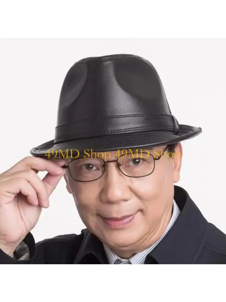 

49MD Retro Gentleman Faux-leather Hat for Men Thick Vintage Christmas Party Show Hats