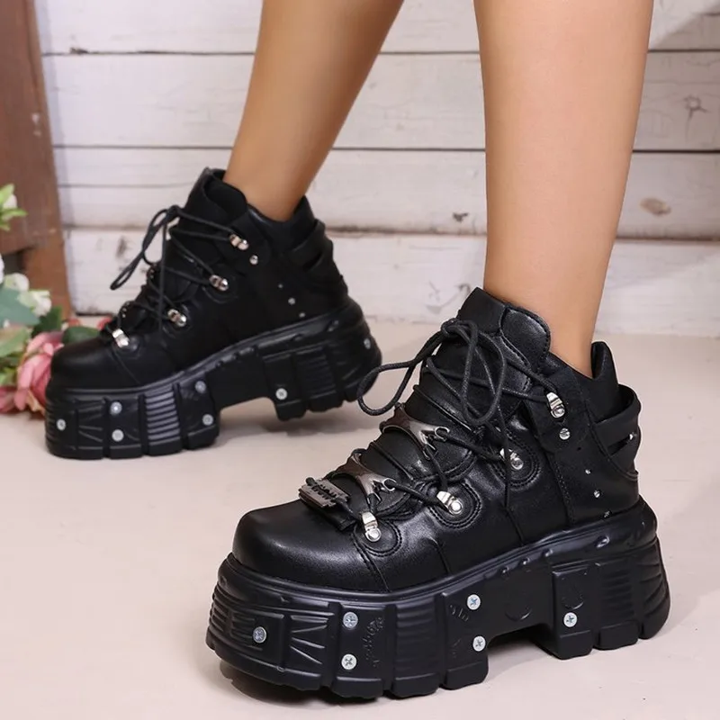 New 2026 Women Shoes Punk Style Lace-up Heel Height 8CM Platform Shoes Woman Gothic Ankle Rock Boots Metal Decor Woman Sneakers view 2