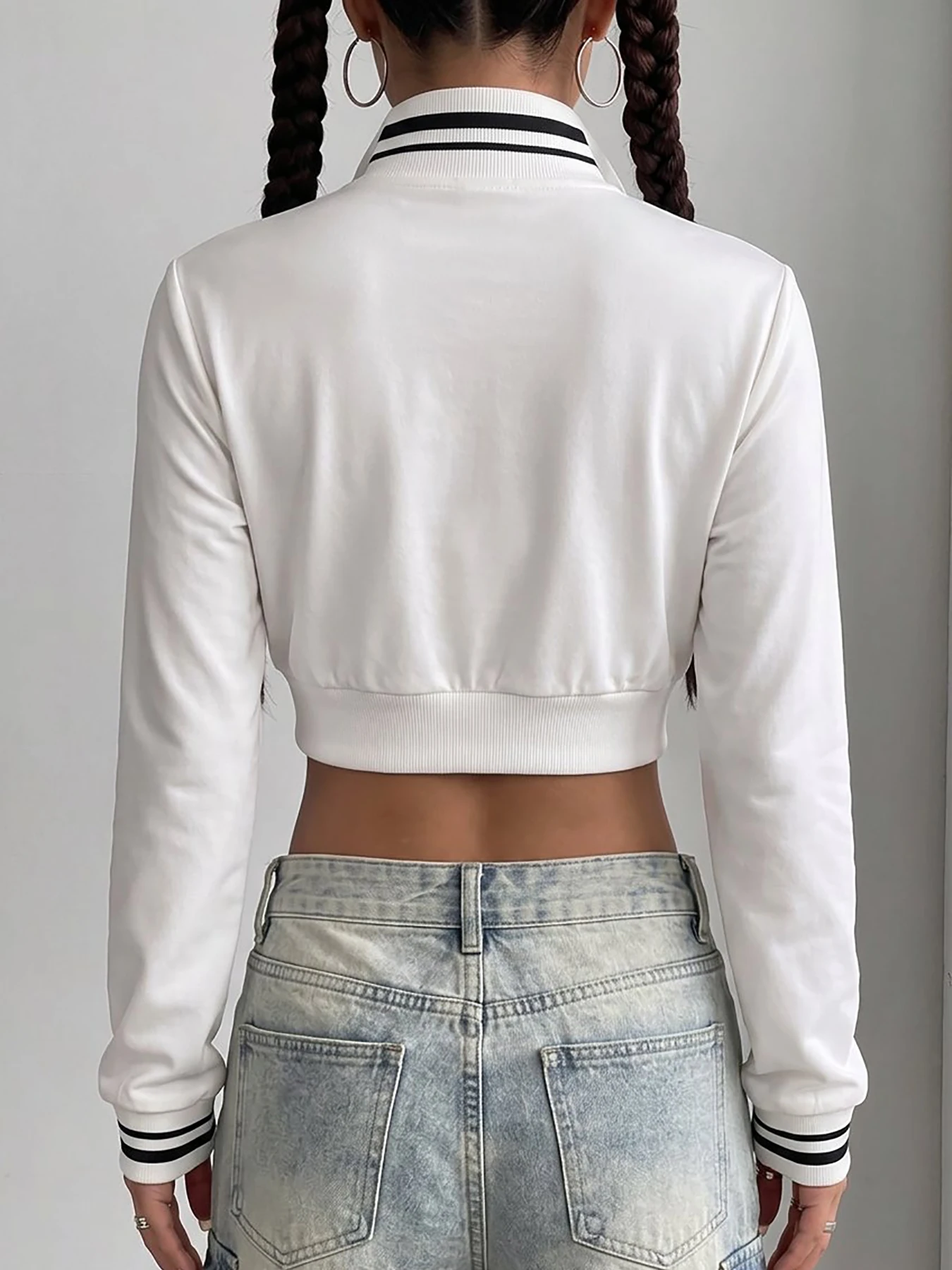 Women's Striped Color-Block Zip-Up Mock-Neck Baseball Jacket – Casual Sporty Outerwear