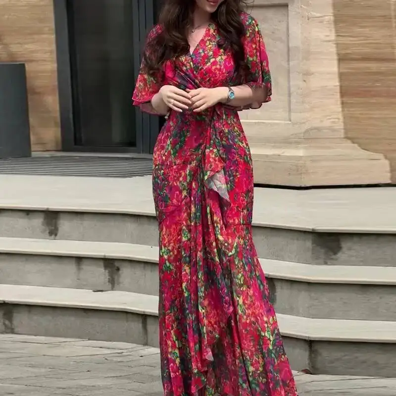 Spring Elegant V Neck Slim Women Party Retro Floral Print High Waist Ruffle Maxi Summer Short Sleeve Boho Long Dress