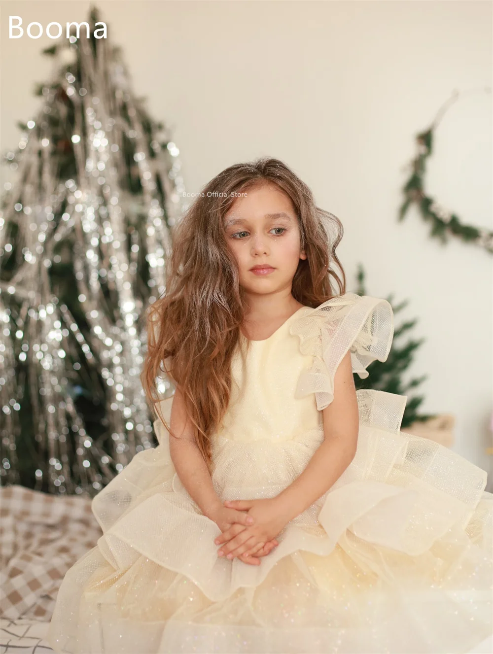 Booma a-line رقبة دائرية لامعة مطوي زهور فتاة فساتين حفلات الزفاف للأطفال زهور بنات فساتين حفلات مخصصة 2025