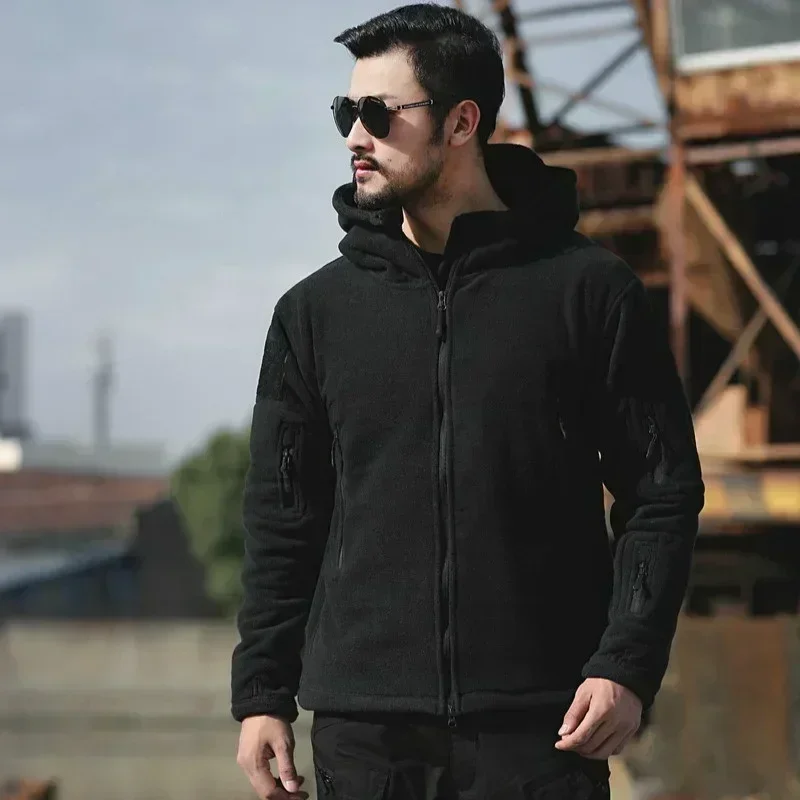 Zimowa kurtka polarowa Męska wojskowa kurtka taktyczna Solidne ciepłe płaszcze polarowe z kapeluszem Outdoor Sports Combat Hiking Polar Jacket — zdjęcie 4