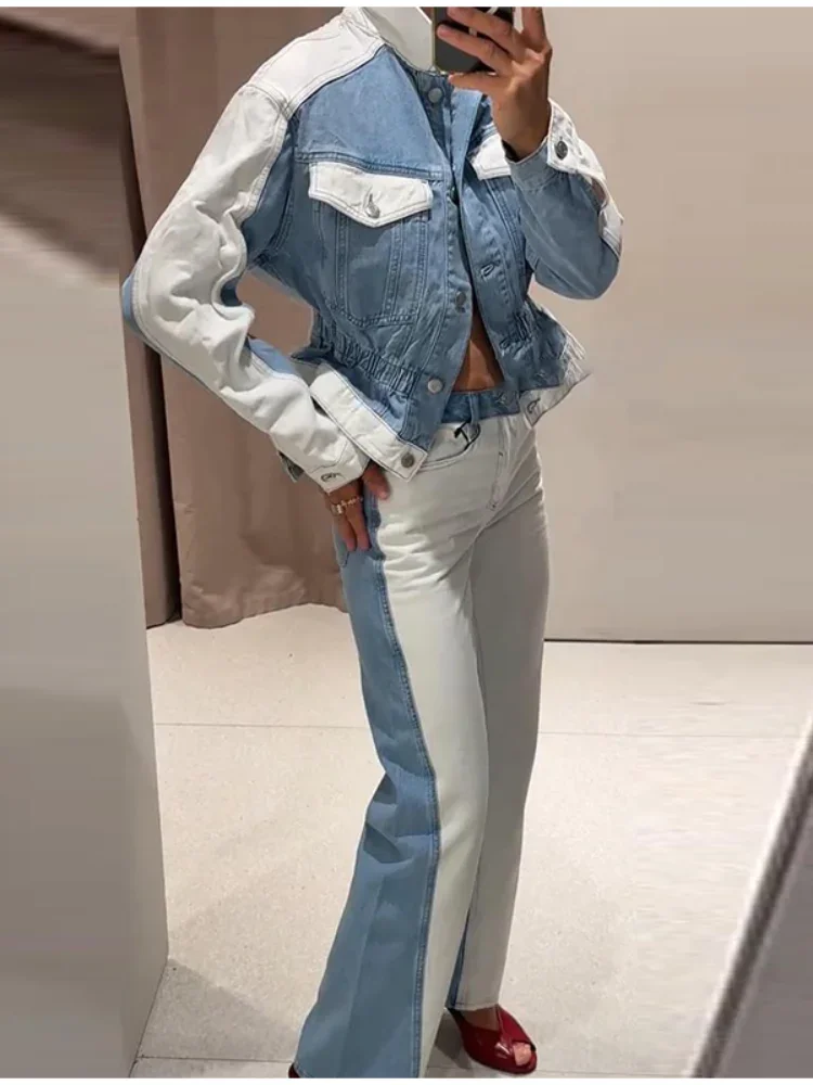 

Женская мода, лоскутные джинсы, брюки, комплекты, повседневная куртка на талии с лацканами и пуговицами, прямые брюки, женские осенние шикарные уличные наряды